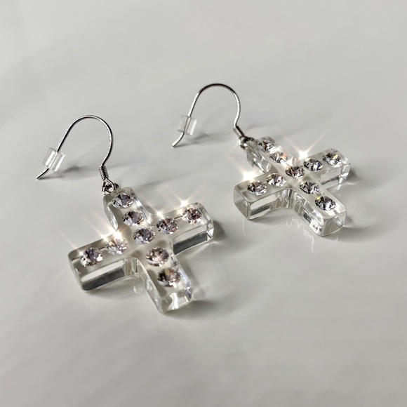 Women’s Lucite Cross Earrings Embellished With Swarovski Crystal Stones, New - Picture 8 of 9